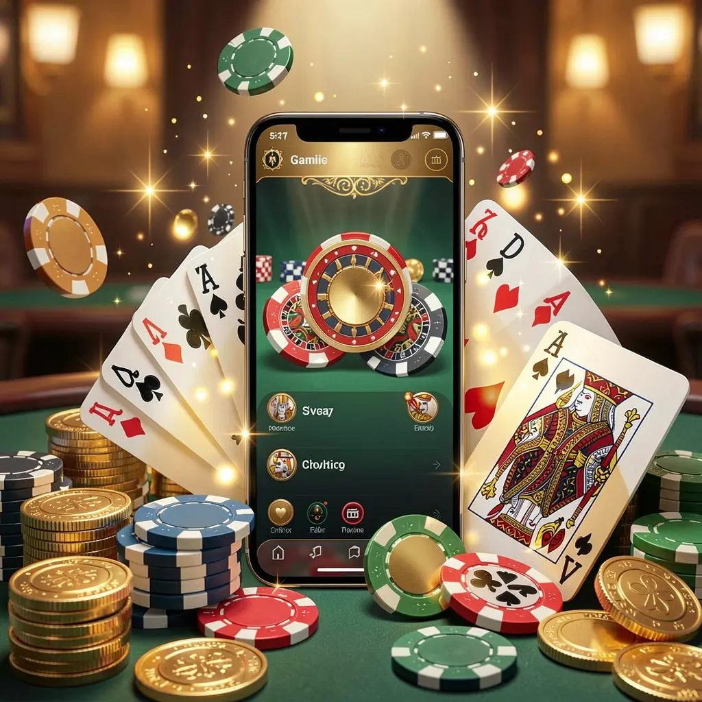 Q800 mobile gaming application concept featuring a smartphone surrounded by playing cards, roulette chips, gold coins, and sparkling lights in a premium casino style
