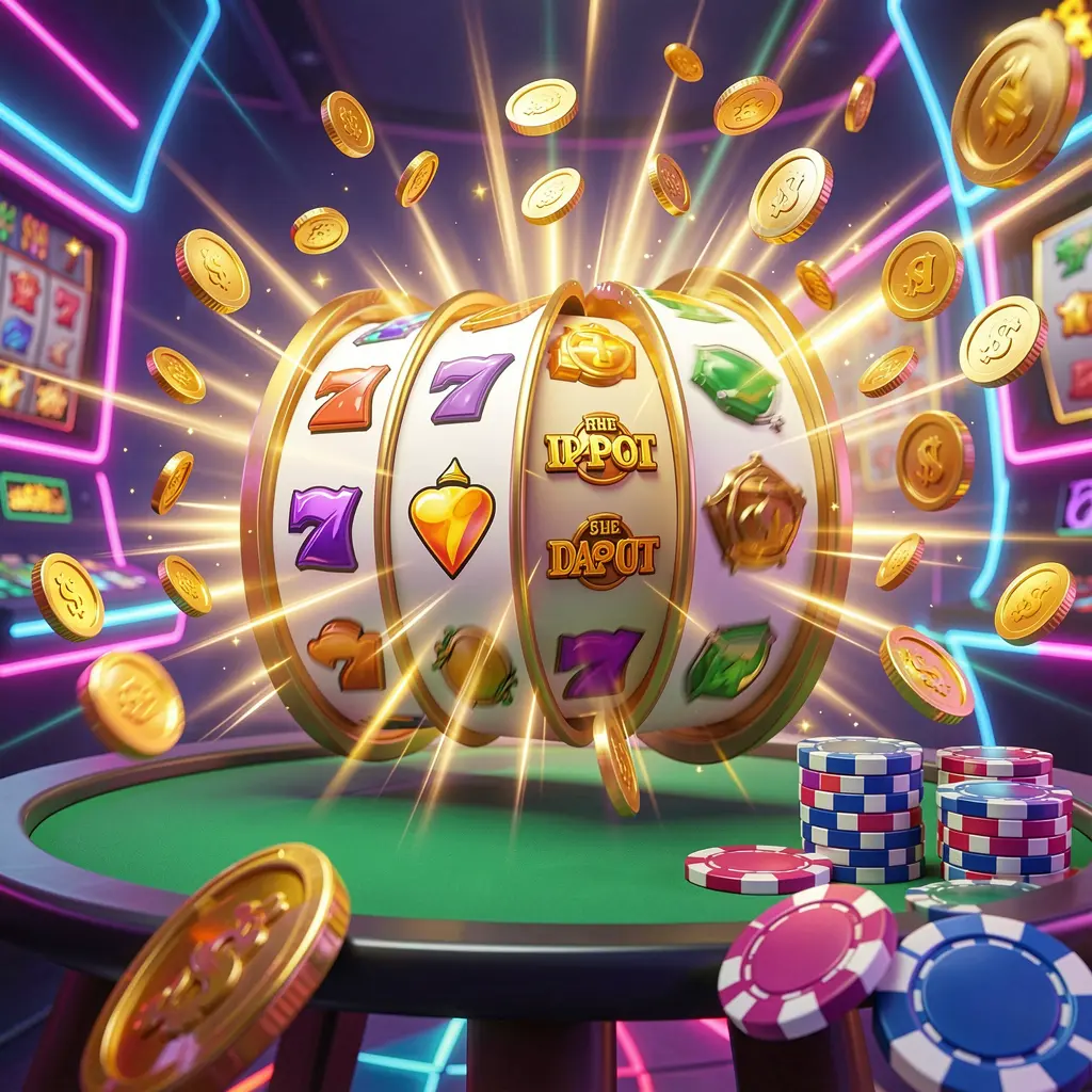 Q800 online casino bonus scene with colorful slot machine reels spinning, golden light effects, flying coins, jackpot symbols, and casino chips on a vibrant neon background