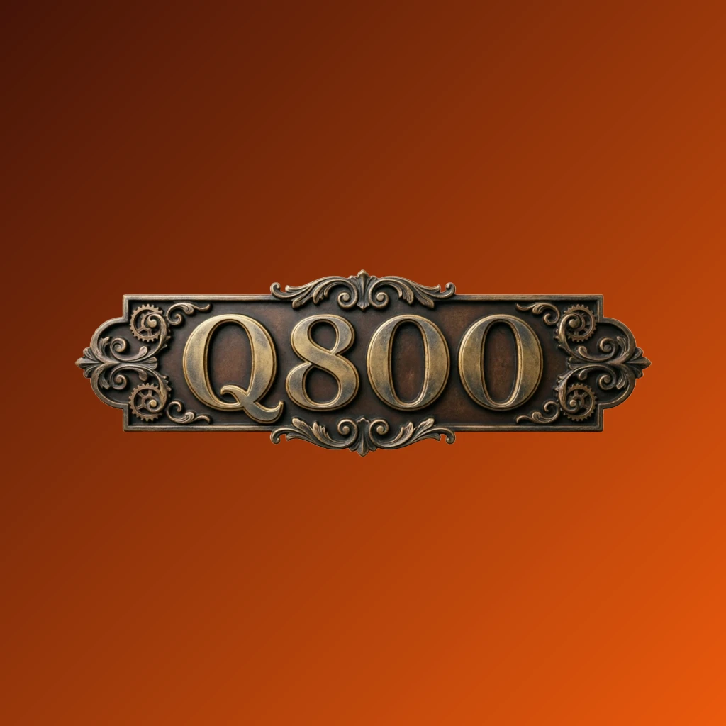 Vintage emblem logo of Q800 featuring classic typography and an ornamental frame in a retro premium style with a wide horizontal rectangular design on a transparent background