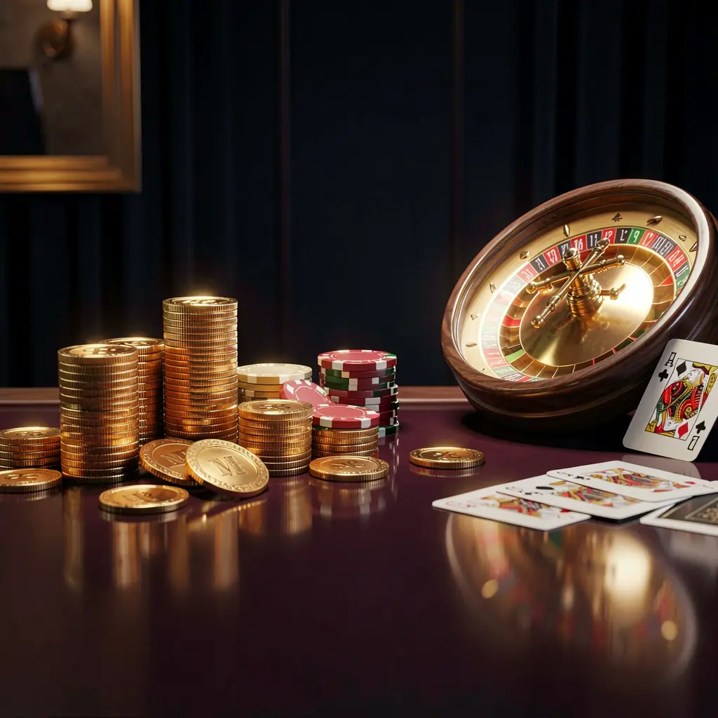 Q800 premium online casino banner featuring golden coins, glowing chips, roulette wheel, and cards on a glossy table with an elegant dark background in a high detail realistic 3D render